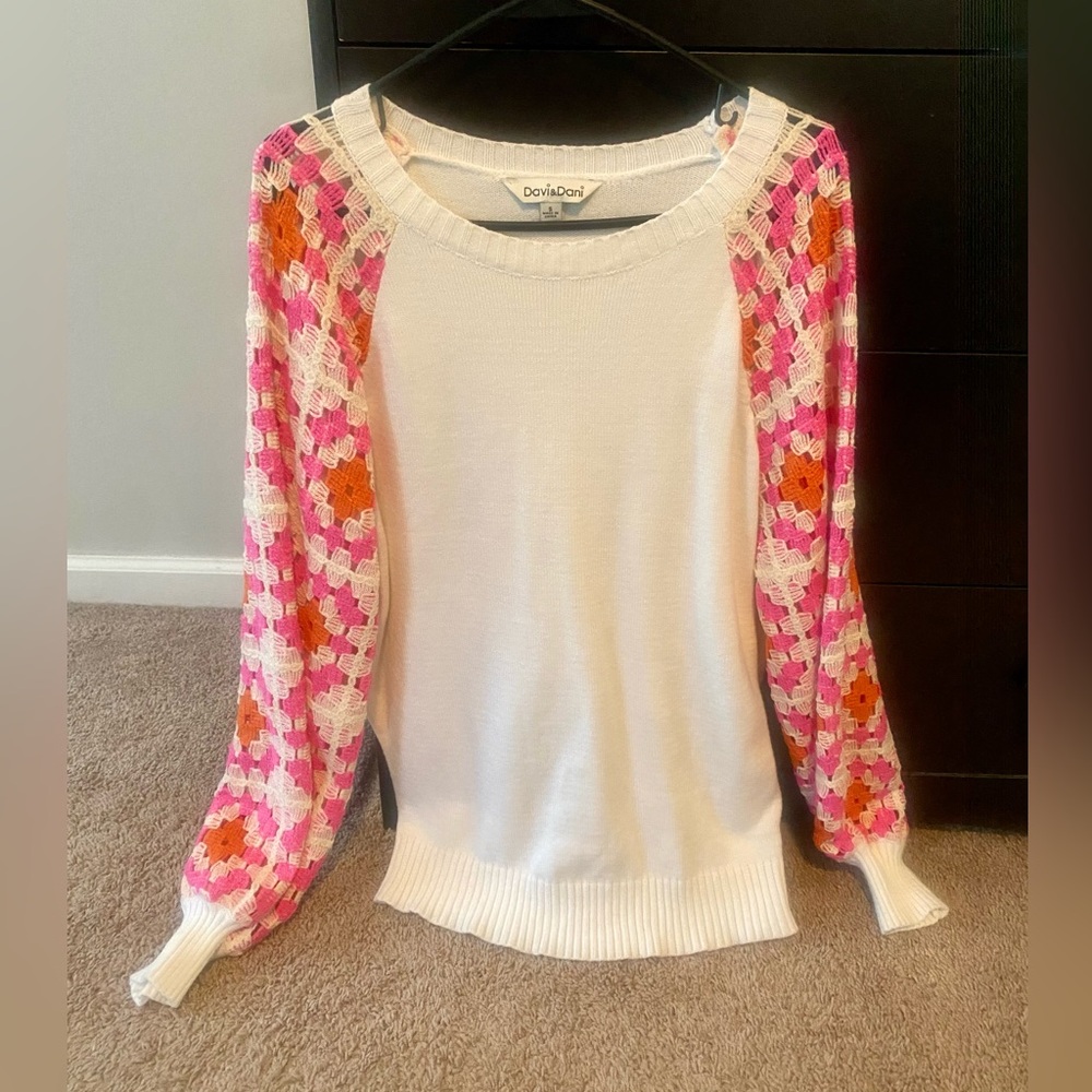 Davi & Dani Cream Crewneck Sweater with Pink & Orange Crochet Sleeves